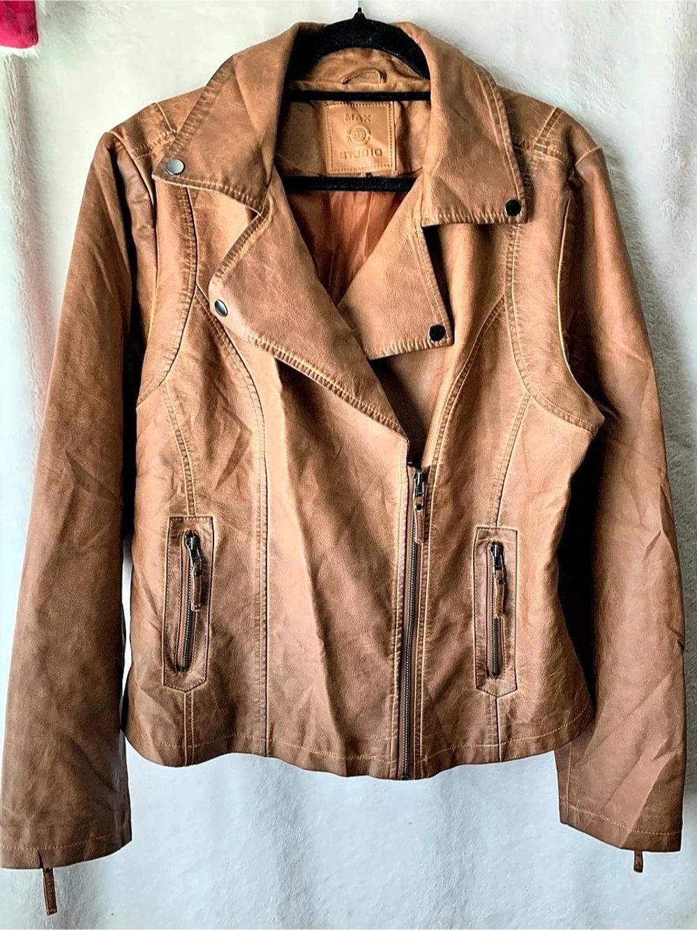 Max Studio Faux Leather Moto Jacket Tan Camel Brown XL